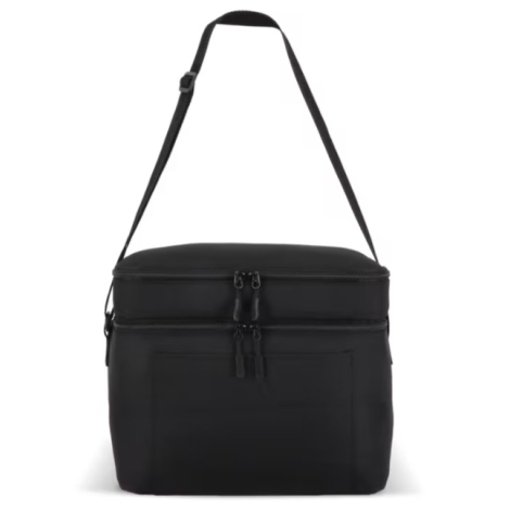 Sac isotherme à double compartiment présenté de face en coloris noir, sans personnalisation visible sur la poche avant.