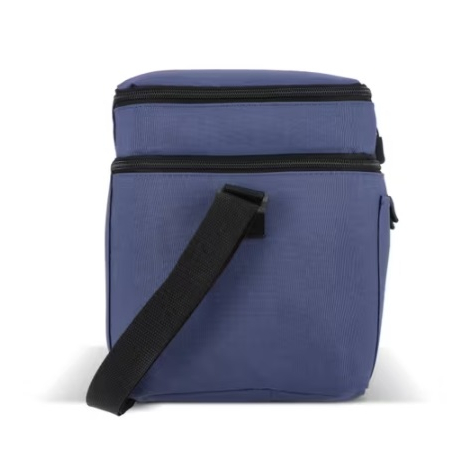 Sac isotherme à double compartiment présenté de profil en coloris bleu, mettant en évidence son épaisseur et sa bandoulière régl