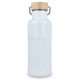 Vue arrière de la bouteille isotherme avec bouchon en bambou et anse métallique. Vue arrière de la bouteille isotherme avec bouchon en bambou et anse métallique.