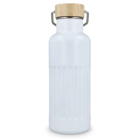 Vue arrière de la bouteille isotherme avec bouchon en bambou et anse métallique.