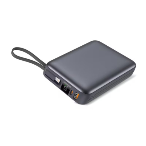 Powerbank vue en perspective avec dragonne, écran LED et connectiques, sans personnalisation visible sur le dessus.
