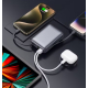 Powerbank connectée à plusieurs appareils électroniques pour une recharge simultanée, sans personnalisation visible. Powerbank connectée à plusieurs appareils électroniques pour une recharge simultanée, sans personnalisation visible.