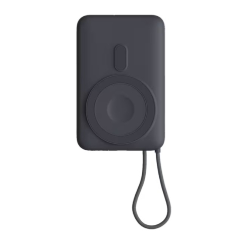 Vue arrière de la batterie externe montrant la zone de charge magnétique et le support escamotable, sans personnalisation visibl
