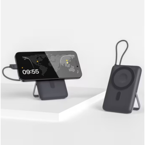 Deux batteries externes avec support déployé, dont l'une maintient un smartphone en position horizontale, sans personnalisation 