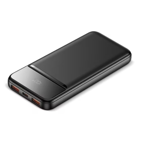 Powerbank vue en perspective sans personnalisation visible sur le dessus, avec ports de connexion visibles sur la tranche.