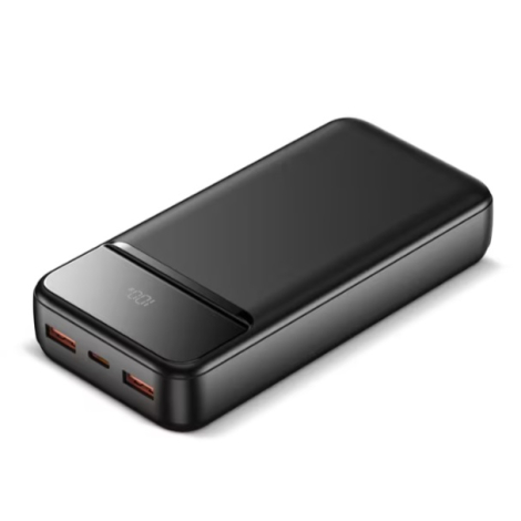 Powerbank vue en perspective sans personnalisation visible sur le dessus, avec ports de connexion visibles sur la tranche.