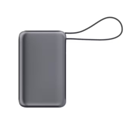Batterie externe vue de dessus avec dragonne, présentée sans marquage apparent.