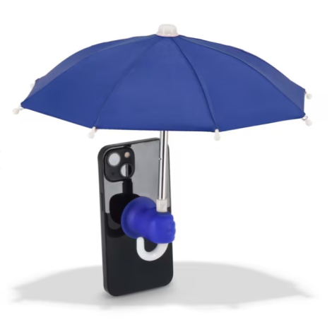Mini-parapluie bleu fixé à l'arrière d'un smartphone à l'aide d'un support à ventouse, sans personnalisation visible.