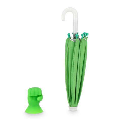 Mini-parapluie vert replié présenté à côté de son support à ventouse amovible.