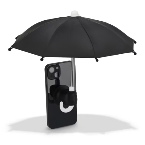 Mini-parapluie noir fixé à l'arrière d'un smartphone à l'aide d'un support à ventouse, sans personnalisation visible.