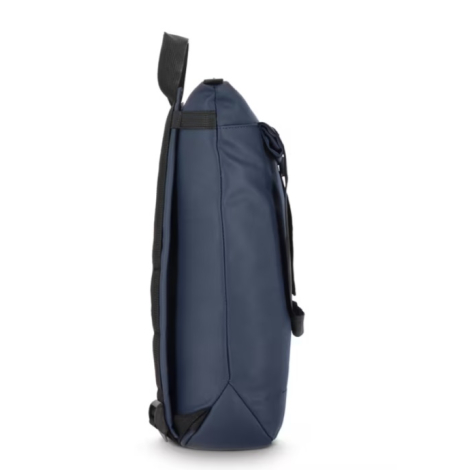 Vue de profil du sac à dos bleu pour ordinateur portable.