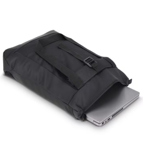 Sac à dos noir ouvert avec un ordinateur portable dans le compartiment principal.