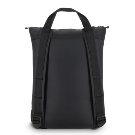 Face arrière du sac à dos noir avec bretelles réglables.