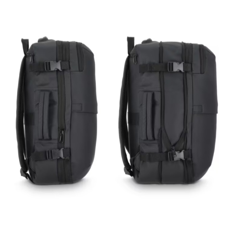 Sac à dos de voyage présenté de profil dans deux configurations illustrant le rangement des bretelles au dos.