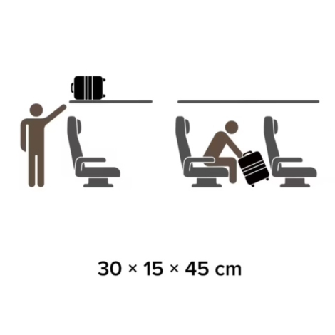 Schéma illustrant qu'un bagage aux dimensions 30 × 15 × 45 cm peut être rangé dans le compartiment à bagages en cabine ou placé 