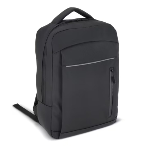 Sac à dos pour ordinateur portable présenté de trois quarts, sans personnalisation visible sur la poche avant.