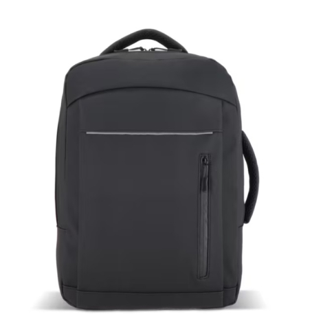 Sac à dos pour ordinateur portable présenté de face, sans marquage apparent sur la poche avant.