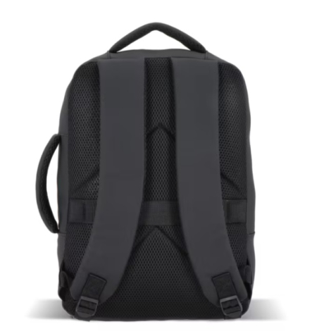 Sac à dos pour ordinateur portable présenté de dos avec bretelles rembourrées, dos en maille et sangle de maintien pour valise.