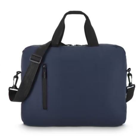 Sacoche pour ordinateur portable présentée de face en coloris bleu avec bandoulière amovible, sans personnalisation visible sur 