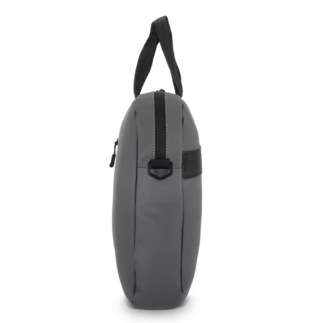 Sacoche pour ordinateur portable présentée de profil, mettant en évidence son épaisseur, sa poignée et les attaches de la bandou