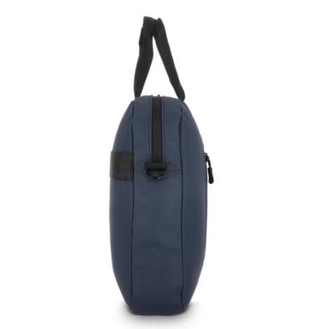 Sacoche pour ordinateur portable présentée de profil en coloris bleu, mettant en évidence son épaisseur, sa poignée et les attac