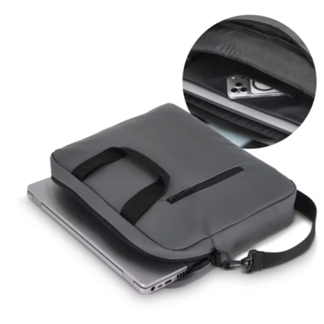 Sacoche pour ordinateur portable ouverte avec un ordinateur portable partiellement inséré, accompagnée d'un encart montrant le c