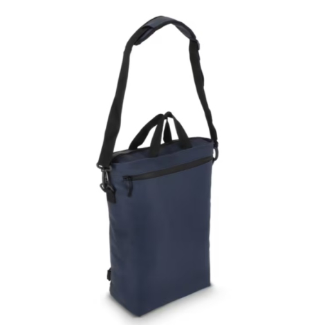 Sac à dos convertible présenté de trois quarts en coloris bleu, sans personnalisation visible sur la face avant.