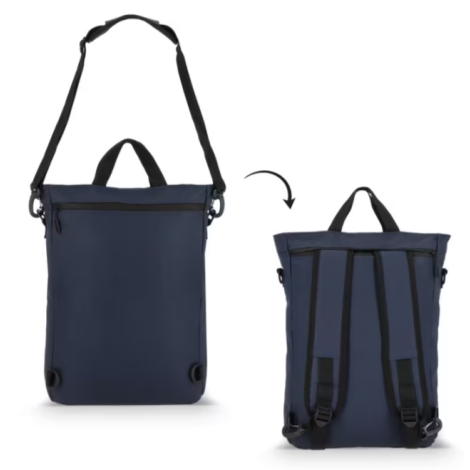 Sac à dos convertible présenté en configuration sac à bandoulière sur la face avant et en configuration sac à dos sur la face ar
