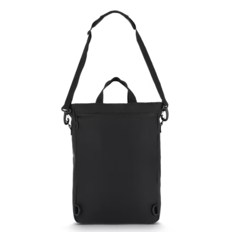 Sac à dos convertible présenté de face arrière en coloris noir, sans marquage apparent sur la face arrière.