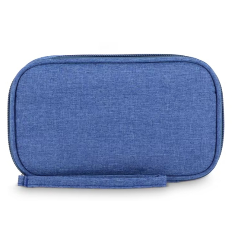 Face arrière de la pochette de rangement bleue en rPET, sans personnalisation visible.