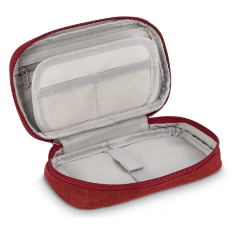 Pochette de rangement rouge ouverte montrant les poches en filet et la bande élastique de maintien.