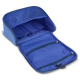 Trousse de toilette bleue ouverte montrant les compartiments et les poches de rangement, sans personnalisation visible. Trousse de toilette bleue ouverte montrant les compartiments et les poches de rangement, sans personnalisation visible.