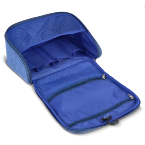 Trousse de toilette bleue ouverte montrant les compartiments et les poches de rangement, sans personnalisation visible.