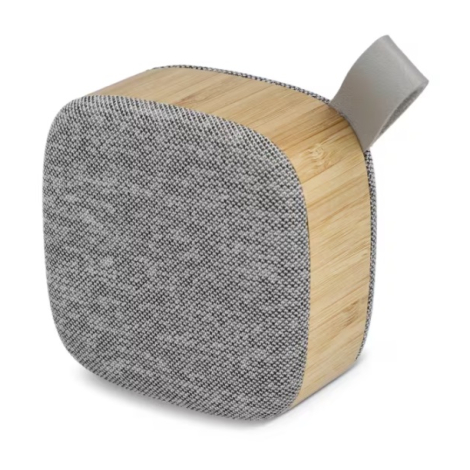 Enceinte sans fil en bambou et tissu vue de face sans marquage visible.