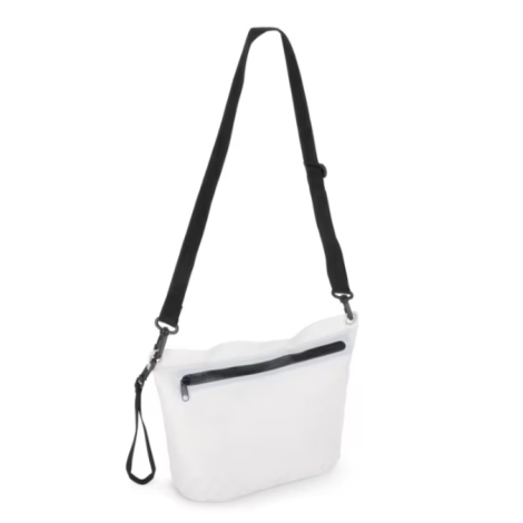 Sac à bandoulière présenté de face en coloris blanc, sans personnalisation visible sur la face avant.