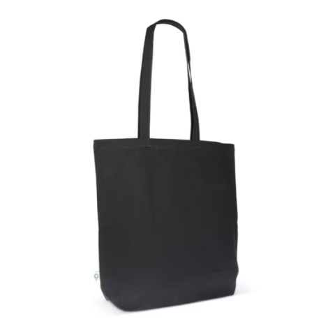 Sac en coton biologique présenté de trois quarts en coloris noir, sans personnalisation visible sur le recto.