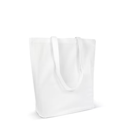 Sac en coton biologique présenté de trois quarts arrière en coloris blanc, sans personnalisation visible au verso.