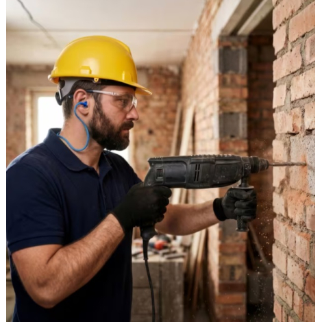 Homme portant des bouchons d'oreilles tout en utilisant une perceuse sur un chantier.