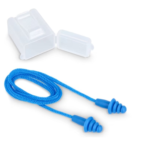 Étui de rangement ouvert présenté avec les bouchons d'oreilles sortis de leur compartiment, sans personnalisation visible.