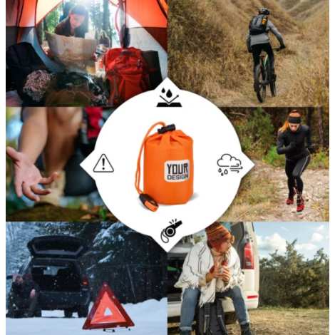 Visuel illustrant différents contextes d'utilisation du sac de couchage thermique d'urgence, avec la pochette de rangement prése