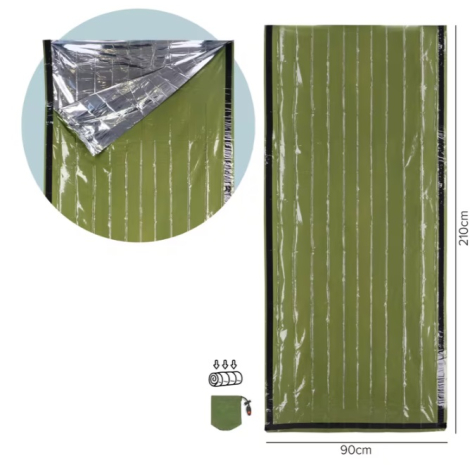 Sac de couchage thermique d'urgence entièrement déplié avec un encart montrant un gros plan de sa face intérieure métallisée.
