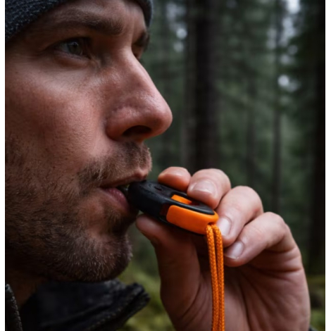Homme utilisant le sifflet intégré à la pochette de rangement du sac de couchage thermique d'urgence.
