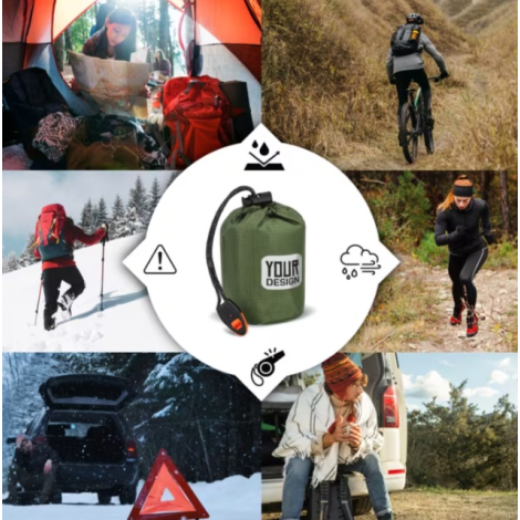 Poncho thermique accompagné de mises en situation illustrant ses principaux contextes d'utilisation.