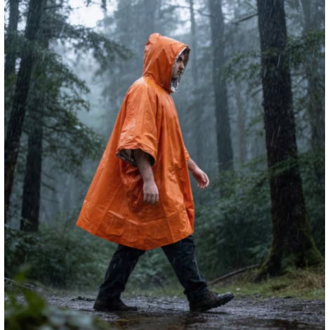 Homme portant le poncho thermique sous la pluie.