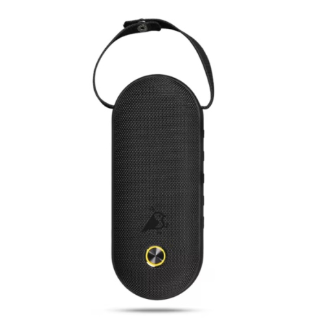 Enceinte Bluetooth présentée de face sur fond clair avec revêtement noir texturé, sangle de transport et bouton de commande circ