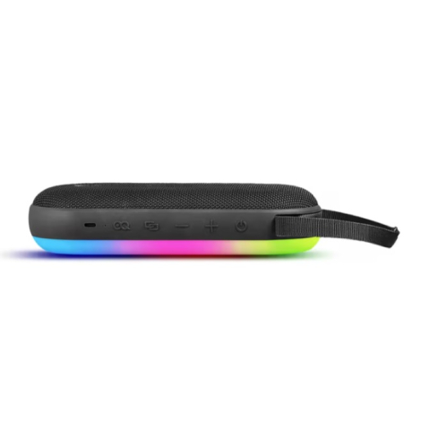Enceinte présentée à l’horizontale avec éclairage RGB multicolore visible sous la base et commandes positionnées sur la tranche.