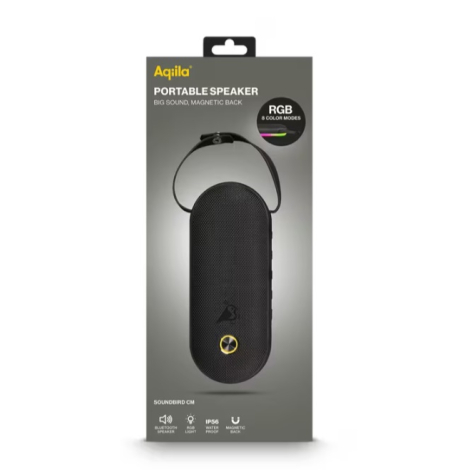 Emballage du produit présenté de face avec une illustration de l’enceinte visible sur la face avant du conditionnement.