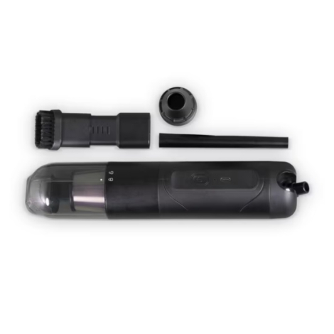 Mini aspirateur souffleur présenté à l'horizontale avec ses différents accessoires disposés à côté, sans personnalisation visibl