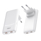 Chargeur secteur de voyage blanc 65 W avec deux ports USB-C, présenté sous deux angles avec une prise européenne amovible.