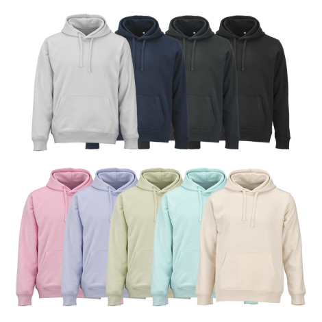 Sweat à capuche unisexe présenté de devant dans neuf coloris différents, sans personnalisation visible.